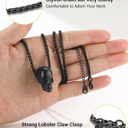 Skull Necklace for Men, Stainless Steel Skeleton Pendant Necklaces, Retro Hip Hop Punk Style, Gothic Halloween Jewelry, Come with Box
