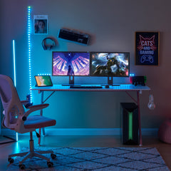 Game Table 63 ", Carbon Fiber Surface Computer Table, Mouse Pad, Ergonomic E-Sports Style Game Table, Dual Headphone Hooks, White Pink