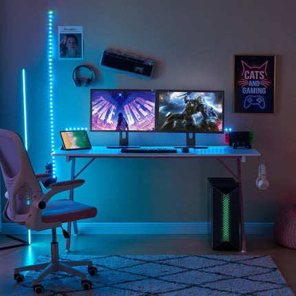Game Table 63 ", Carbon Fiber Surface Computer Table, Mouse Pad, Ergonomic E-Sports Style Game Table, Dual Headphone Hooks, White Pink