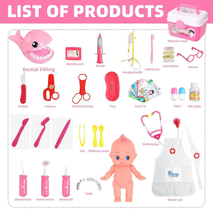Kids Toy Doctor Kit for Girls 3-6 Years Boys, 41PCS Pink Toy Stethoscope & Braces Medical Kit Preschool Pretend Play Dentist Set Gift to Toddler Birthday Christmas Present