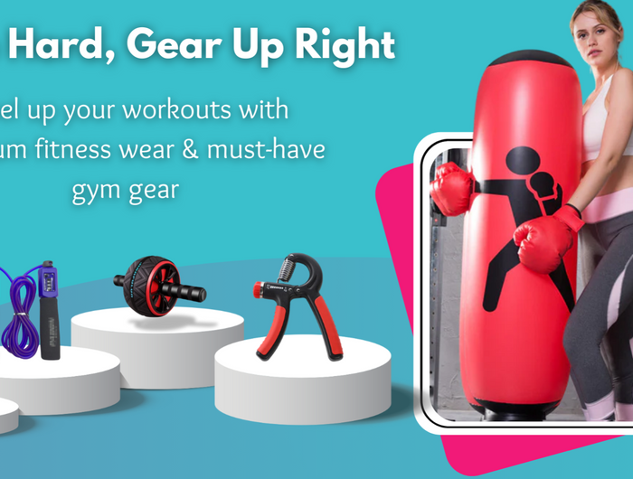 Advertisement for fitness wear and gym gear with workout equipment and a woman using a punching bag.