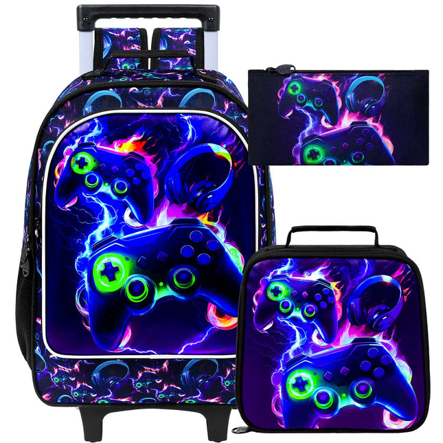 Rolling Backpack for Boys, 3PCS Kids Roller Bookbag with Lunch Bag, Wheeled School Bag for Children - Game Console