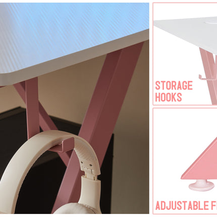 Game Table 63 ", Carbon Fiber Surface Computer Table, Mouse Pad, Ergonomic E-Sports Style Game Table, Dual Headphone Hooks, White Pink