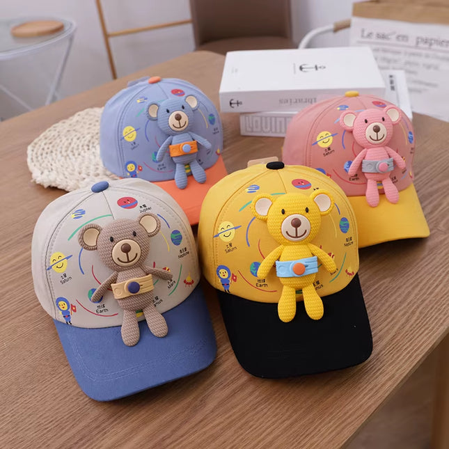 3D Bear Kids Baseball Hat Cartoon Doll Children Peaked Cap 1-5Year Baby Duck Tongue Hat Cute Boys Girls Outdoor Sunscreen Visors