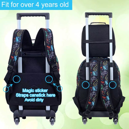 Rolling Backpack for Boys, 3PCS Kids Roller Bookbag with Lunch Bag, Wheeled School Bag for Children - Game Console