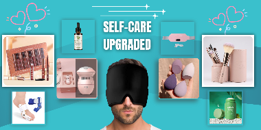 Man wearing a black sleep mask with self-care products on a blue background