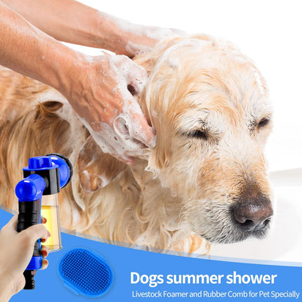 2 Pcs Jet Bathing Set - Hose Nozzle with Soap Dispenser, Rubber Brush, Spray Foamer Bottle for Pet Showering (Blue)