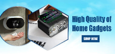 Promotional image of home gadgets with a clock and digital display on a blue background.
