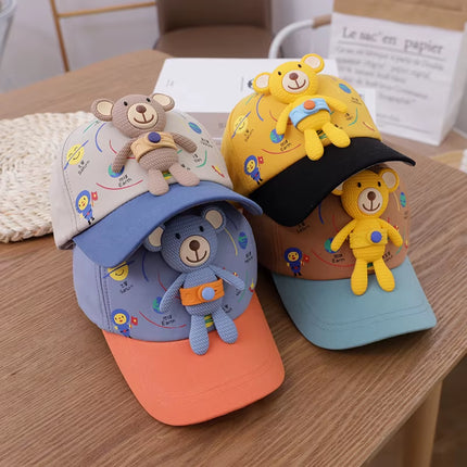 3D Bear Kids Baseball Hat Cartoon Doll Children Peaked Cap 1-5Year Baby Duck Tongue Hat Cute Boys Girls Outdoor Sunscreen Visors