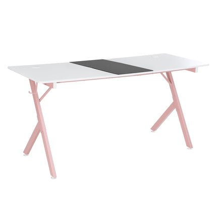 Game Table 63 ", Carbon Fiber Surface Computer Table, Mouse Pad, Ergonomic E-Sports Style Game Table, Dual Headphone Hooks, White Pink