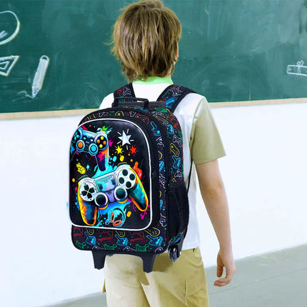 Rolling Backpack for Boys, 3PCS Kids Roller Bookbag with Lunch Bag, Wheeled School Bag for Children - Game Console