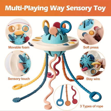 UFO Food Grade Silicone Push & Pull String Activity Toy Montessori Sensory Toys for Toddlers 6-18M+, , Fidget Travel Toys