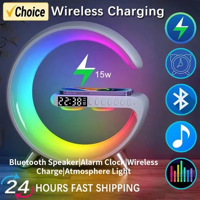 Multifunction RGB Light Bluetooth Speaker Alarm Clock 15W Wireless Charger Stand Pad for Iphone Samsung Fast Charging Station