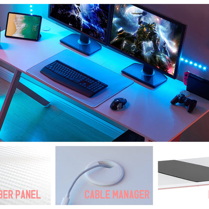 Game Table 63 ", Carbon Fiber Surface Computer Table, Mouse Pad, Ergonomic E-Sports Style Game Table, Dual Headphone Hooks, White Pink