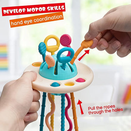 UFO Food Grade Silicone Push & Pull String Activity Toy Montessori Sensory Toys for Toddlers 6-18M+, , Fidget Travel Toys