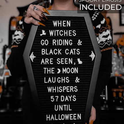 Coffin Letter Board Black +3D Bat Stickers +650 Characters, Spooky & Seasonal Emojis, Wooden Stand - 17X10.5 Inches - Coffin Shaped Goth Decor Sign Witchy Halloween Decorations Gothic Decor Birthday Wedding Home Spooky Gifts