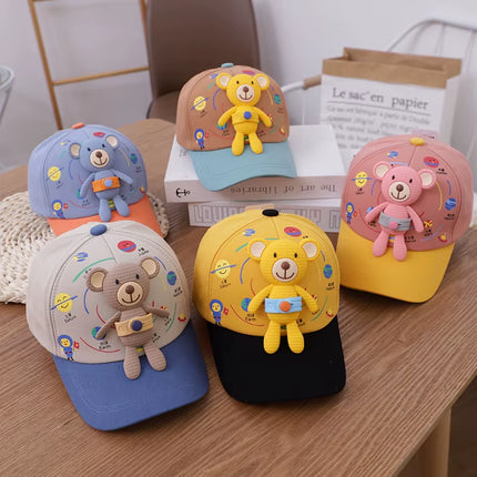 3D Bear Kids Baseball Hat Cartoon Doll Children Peaked Cap 1-5Year Baby Duck Tongue Hat Cute Boys Girls Outdoor Sunscreen Visors