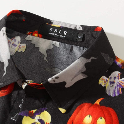 Mens Halloween Shirt Short Sleeve Pumpkins Shirts Button down Light Weight Causal