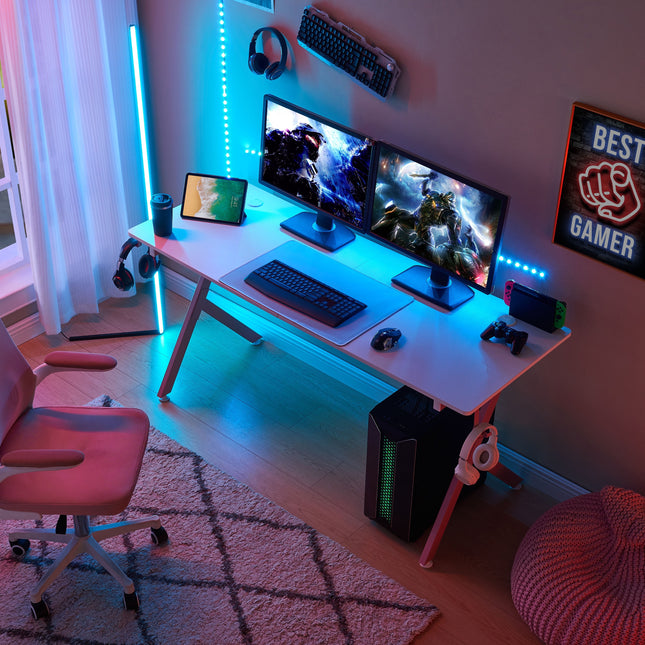 Game Table 63 ", Carbon Fiber Surface Computer Table, Mouse Pad, Ergonomic E-Sports Style Game Table, Dual Headphone Hooks, White Pink