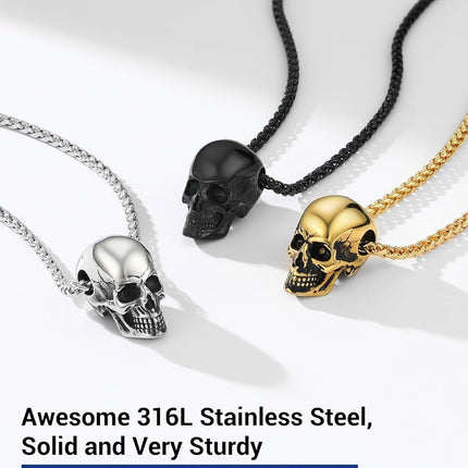 Skull Necklace for Men, Stainless Steel Skeleton Pendant Necklaces, Retro Hip Hop Punk Style, Gothic Halloween Jewelry, Come with Box