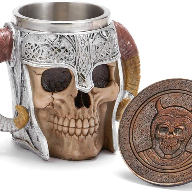 Stainless Steel Viking Skull Mug+Coaster,Double Handle Horn Skull Beer Mug Tankard, Medieval Drinkware Mug for Coffee/Beverage/Juice17Oz.