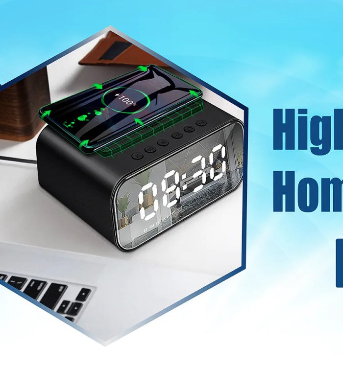 Home gadgets including a digital clock and a small electronic device on a blue background with 'High Quality of Home Gadgets' text.