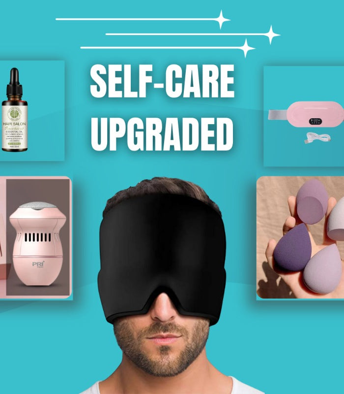 Man wearing a sleep mask with self-care products displayed on a blue background