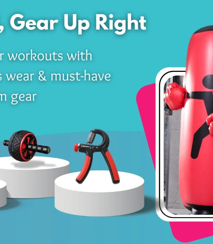 Advertisement for fitness gear with workout equipment and a person using a punching bag.