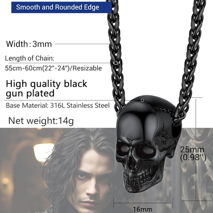 Skull Necklace for Men, Stainless Steel Skeleton Pendant Necklaces, Retro Hip Hop Punk Style, Gothic Halloween Jewelry, Come with Box