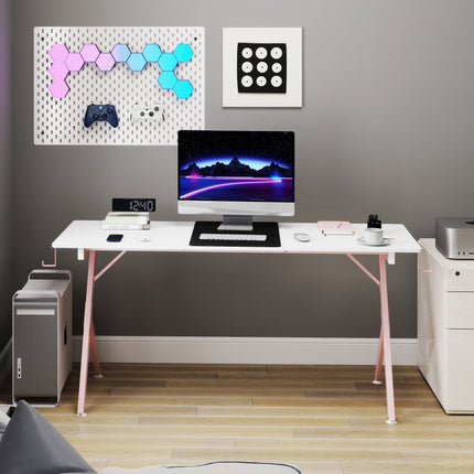 Game Table 63 ", Carbon Fiber Surface Computer Table, Mouse Pad, Ergonomic E-Sports Style Game Table, Dual Headphone Hooks, White Pink