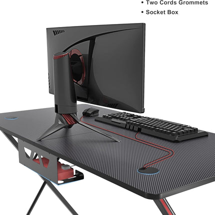 EE  Gaming Desk, 47 Inch Gamer Workstation, Carbon Fiber Surface Gaming Computer Desk with Large Mouse Pad, Controller Race, Headphone Hook, Cup Holder, Socket Holder,Black