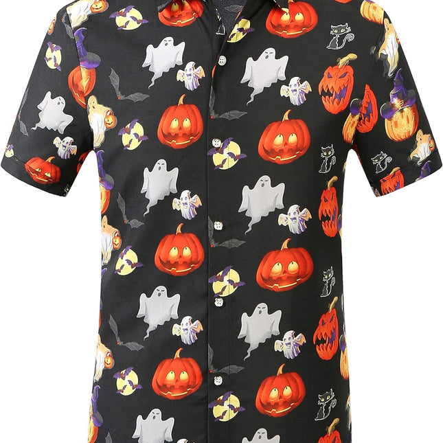 Mens Halloween Shirt Short Sleeve Pumpkins Shirts Button down Light Weight Causal