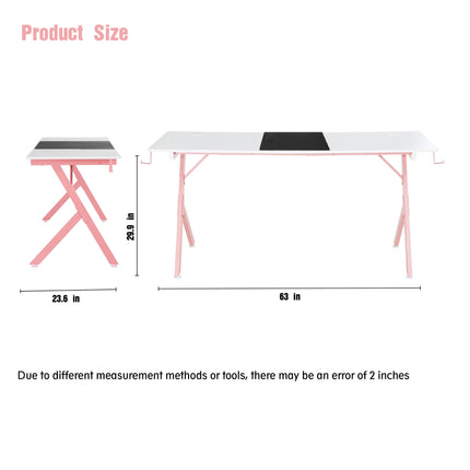Game Table 63 ", Carbon Fiber Surface Computer Table, Mouse Pad, Ergonomic E-Sports Style Game Table, Dual Headphone Hooks, White Pink