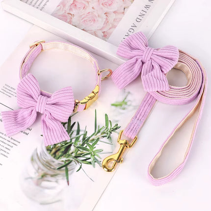 Cute Pink Dog Collar Leash Set with Bowtie Adjustable Soft Velvet Pet Collars and Leash for Small Medium Dogs Dog Accessories