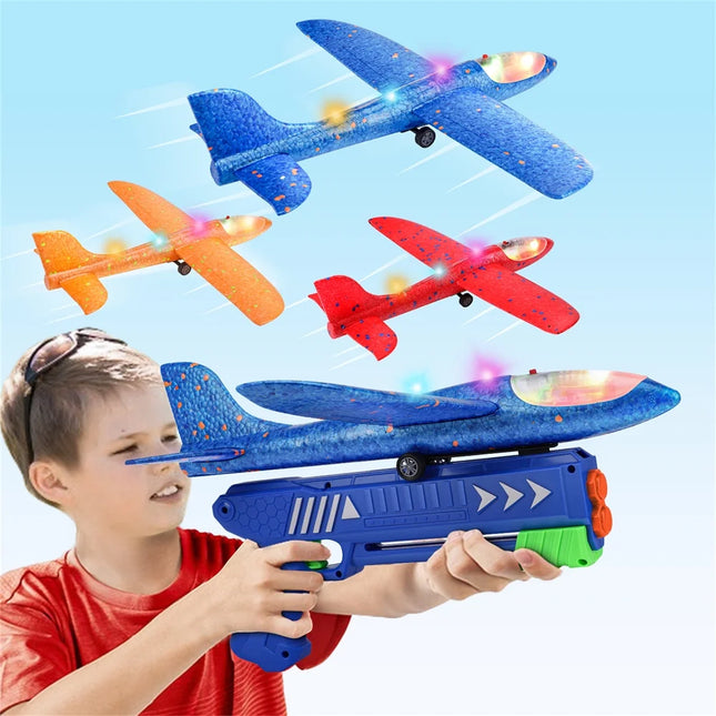 3 Pack Catapult Airplane Foam Glider Outdoor Toy for 4-12 Years Old Kids, Red Orange Blue