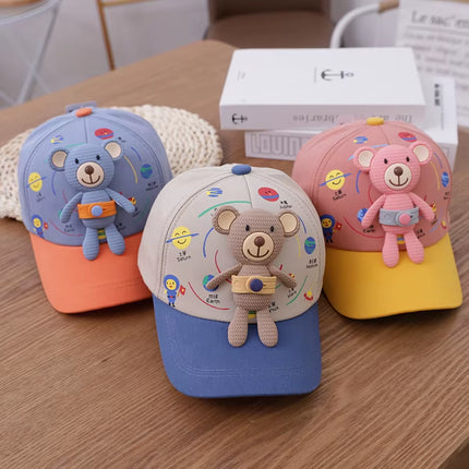 3D Bear Kids Baseball Hat Cartoon Doll Children Peaked Cap 1-5Year Baby Duck Tongue Hat Cute Boys Girls Outdoor Sunscreen Visors