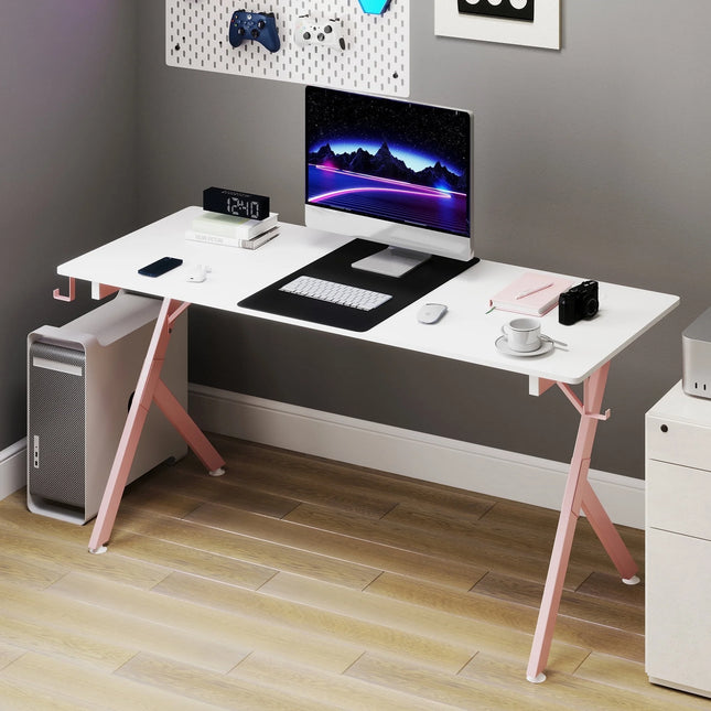 Game Table 63 ", Carbon Fiber Surface Computer Table, Mouse Pad, Ergonomic E-Sports Style Game Table, Dual Headphone Hooks, White Pink