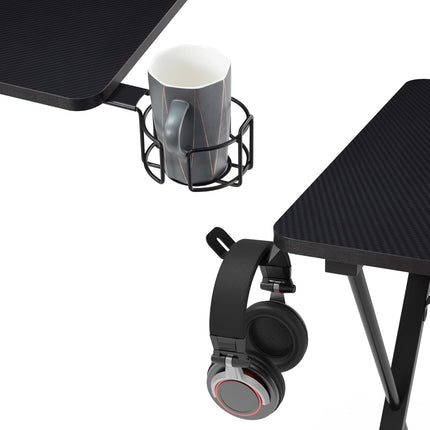 EE  Gaming Desk, 47 Inch Gamer Workstation, Carbon Fiber Surface Gaming Computer Desk with Large Mouse Pad, Controller Race, Headphone Hook, Cup Holder, Socket Holder,Black