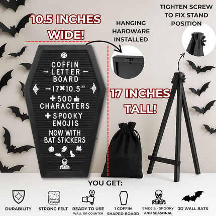 Coffin Letter Board Black +3D Bat Stickers +650 Characters, Spooky & Seasonal Emojis, Wooden Stand - 17X10.5 Inches - Coffin Shaped Goth Decor Sign Witchy Halloween Decorations Gothic Decor Birthday Wedding Home Spooky Gifts