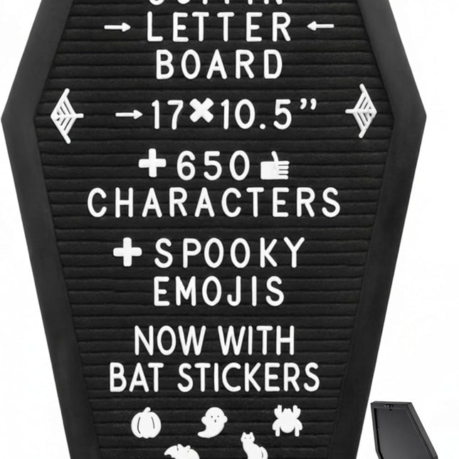 Coffin Letter Board Black +3D Bat Stickers +650 Characters, Spooky & Seasonal Emojis, Wooden Stand - 17X10.5 Inches - Coffin Shaped Goth Decor Sign Witchy Halloween Decorations Gothic Decor Birthday Wedding Home Spooky Gifts