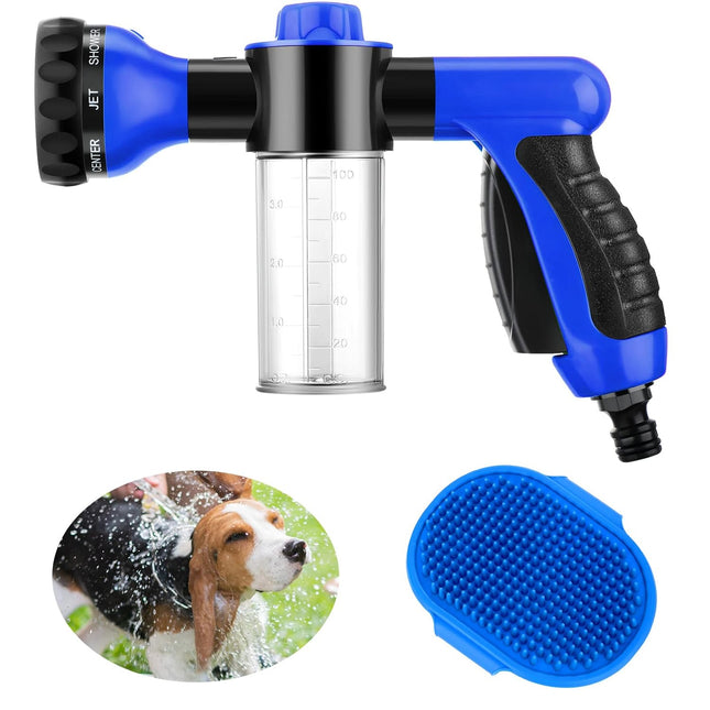 2 Pcs Jet Bathing Set - Hose Nozzle with Soap Dispenser, Rubber Brush, Spray Foamer Bottle for Pet Showering (Blue)