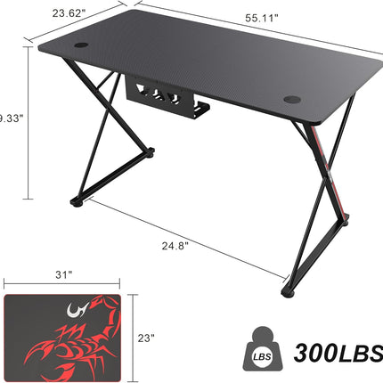 EE  Gaming Desk, 47 Inch Gamer Workstation, Carbon Fiber Surface Gaming Computer Desk with Large Mouse Pad, Controller Race, Headphone Hook, Cup Holder, Socket Holder,Black