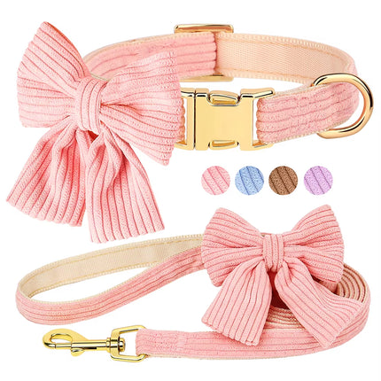 Cute Pink Dog Collar Leash Set with Bowtie Adjustable Soft Velvet Pet Collars and Leash for Small Medium Dogs Dog Accessories