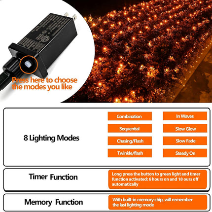 Orange Halloween String Lights 82FT 200 LED Extendable for Outdoor/Indoor, 8 Lighting Modes Plug in String Lights for Halloween Decorations Bedroom Party Decor Room Garden Patio Tree (Orange)