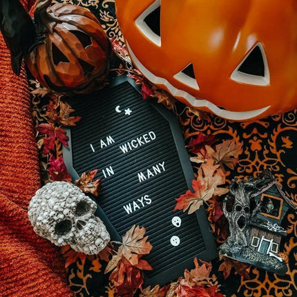 Coffin Letter Board Black +3D Bat Stickers +650 Characters, Spooky & Seasonal Emojis, Wooden Stand - 17X10.5 Inches - Coffin Shaped Goth Decor Sign Witchy Halloween Decorations Gothic Decor Birthday Wedding Home Spooky Gifts